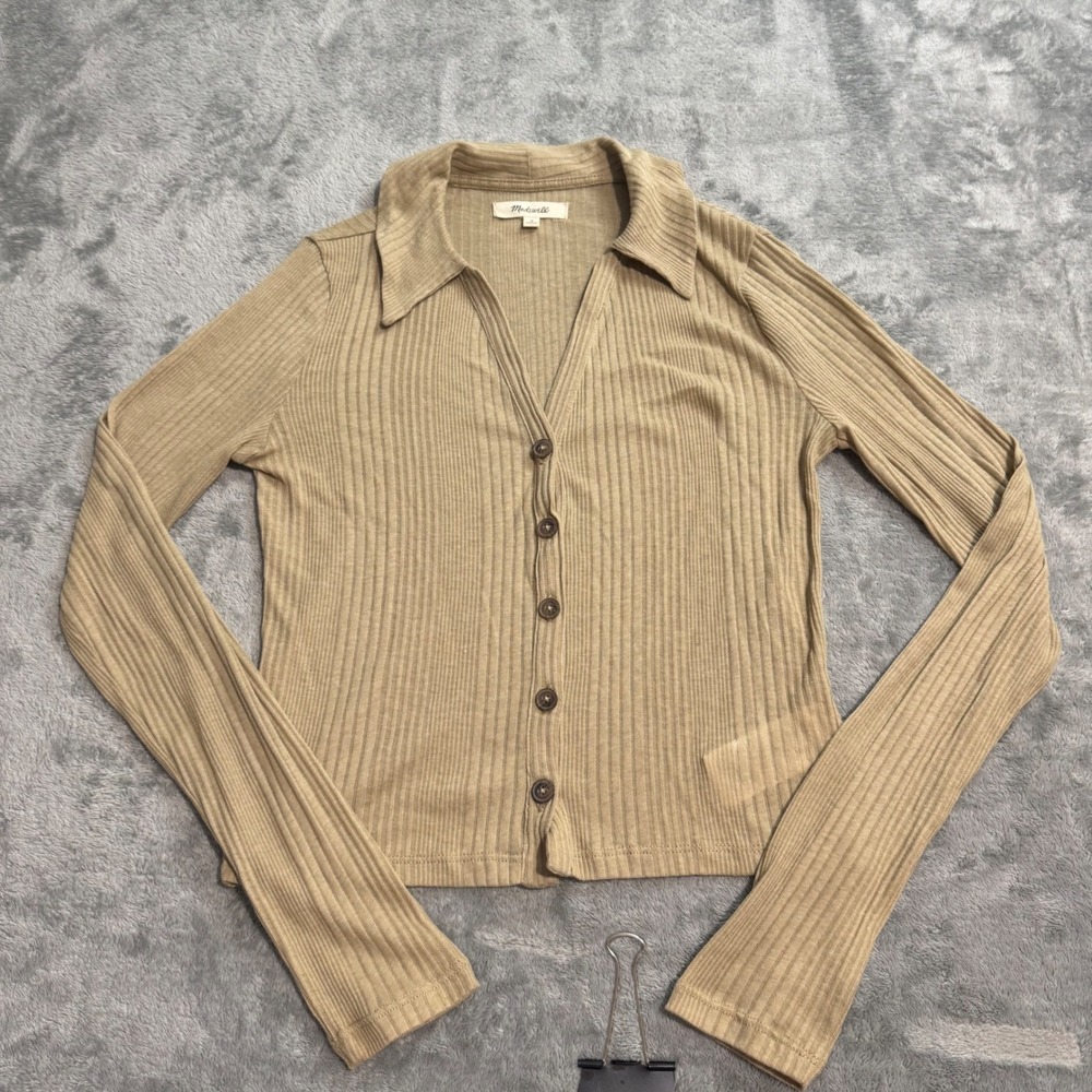 Madewell Women Tan Beige Ribbed Knit Long Sleeve Polo Cardigan Sweater Small